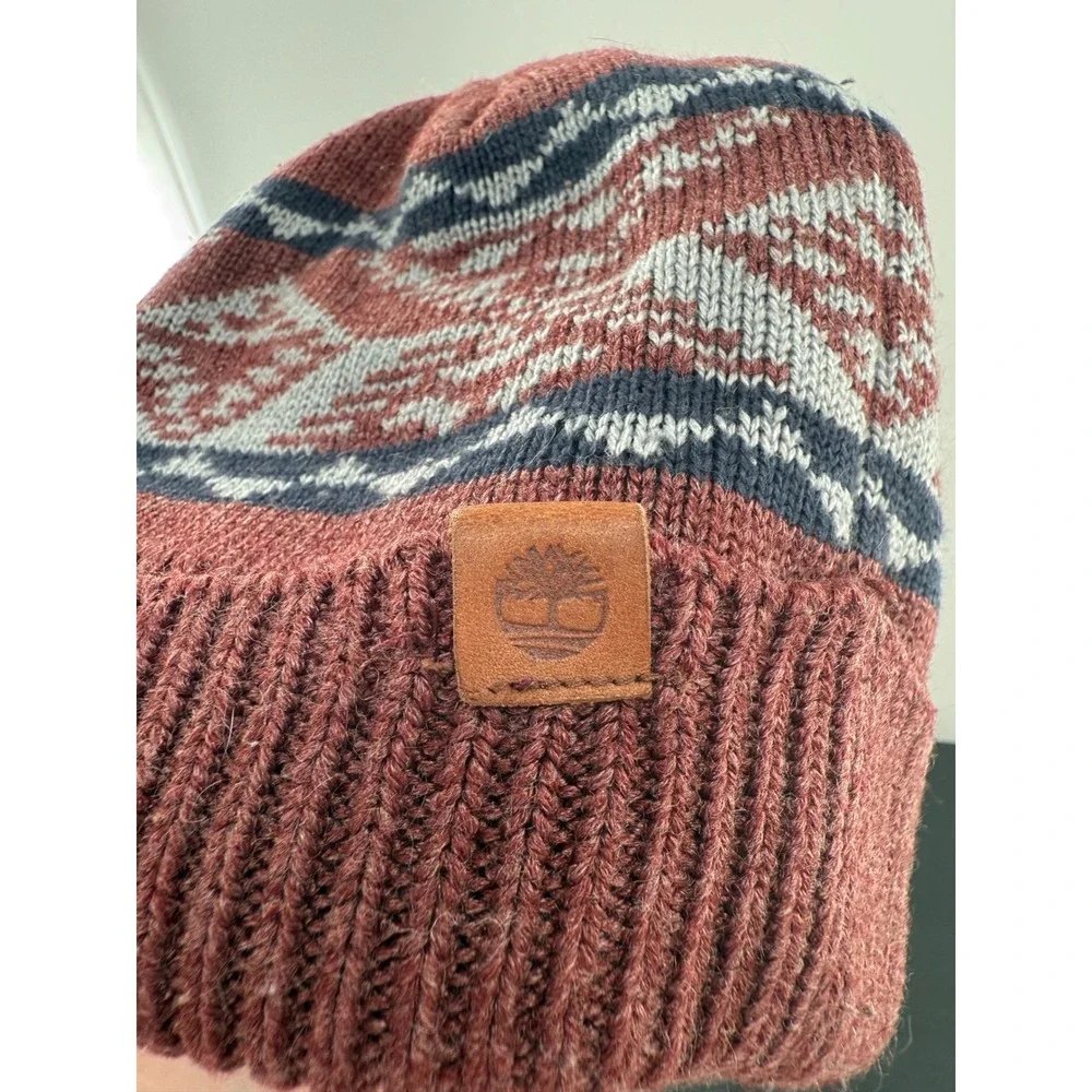 Timberland Knit‎ Beanie Hat Nordic Pattern Cuffed Winter Brown Logo